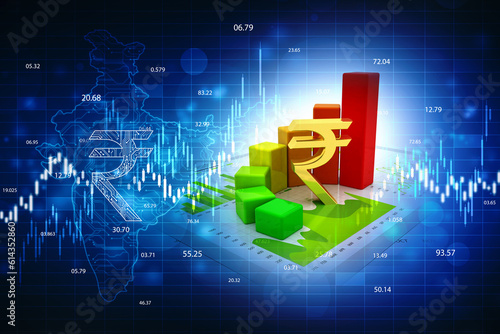 Growth of Indian stock market, Stock market graph. Abstract finance background, India Finance Background, Indian Rupee with graph on blue finance background. 3d render