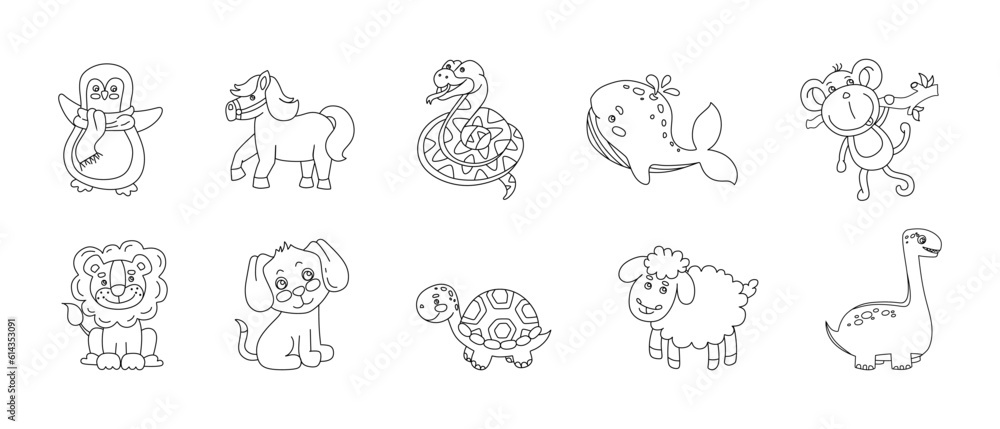 Animals Cute Funny Set of Drawings Vector black and white illustration Isolated on a white background Animals Cute Funny Set of Drawings Vector black and white illustration Isolated on a white background