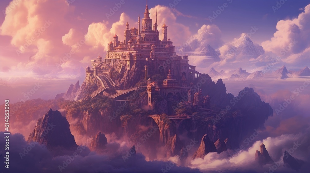 A big fantasy castle in the mountain, a hill and a sunset in the background, inspire the idea of a large fort among mountains. Generative AI