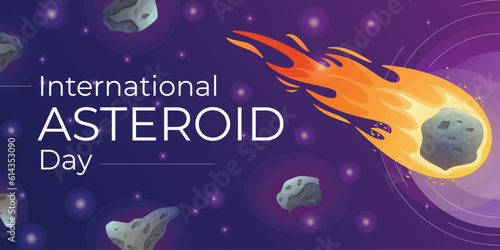 International World June holiday Asteroid Day. Vector cartoon space banner with meteorites and stars.