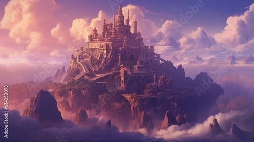 A big fantasy castle in the mountain, a hill and a sunset in the background, inspire the idea of a large fort among mountains. Generative AI