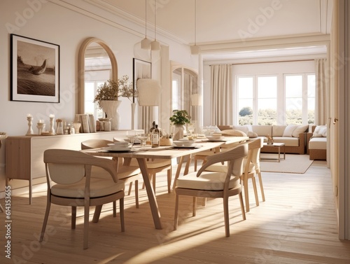 Dining room in beige tones with white tables  wooden chairs  and a flower vase  natural light shines through a window. Generative AI