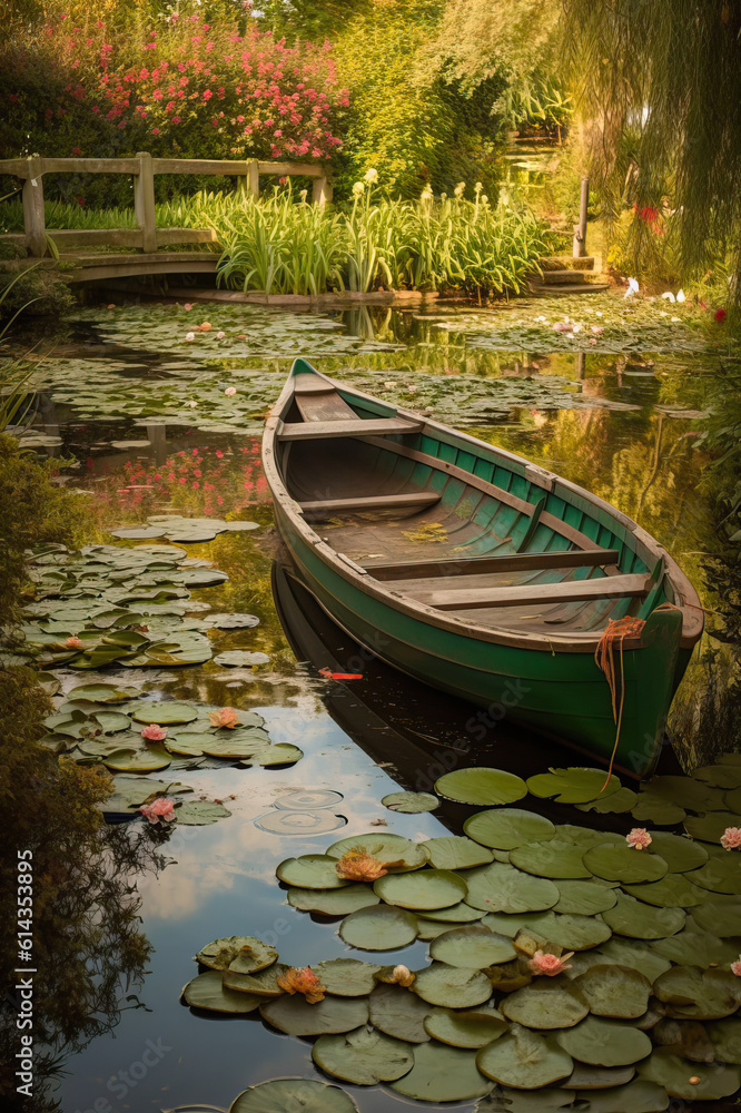 A boat in a river full of floating plants in the forest, a scene in a forest river,boat on the lake,boats on the river