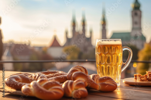 Obraz na plátně Beer and salted pretzels on wooden background created with generative ai tools
