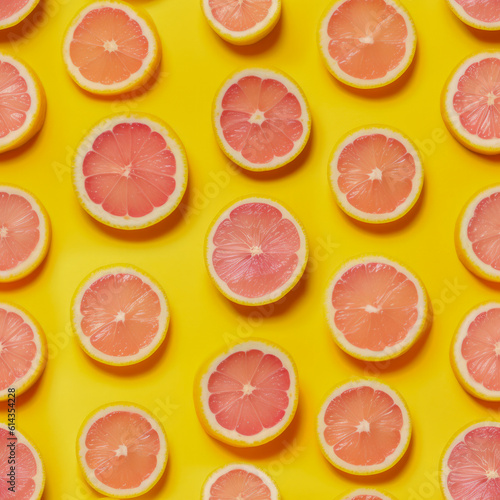 A vibrant seamless background featuring slices of pink citrus fruit on a sunny yellow backdrop, invoking the fresh and juicy flavors of summer.