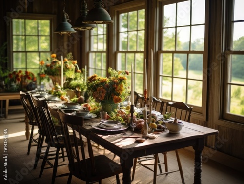 Wide angle view of the dining room table, wooden floor and the room is lit by the sunlight that shines through the windows. Generative AI