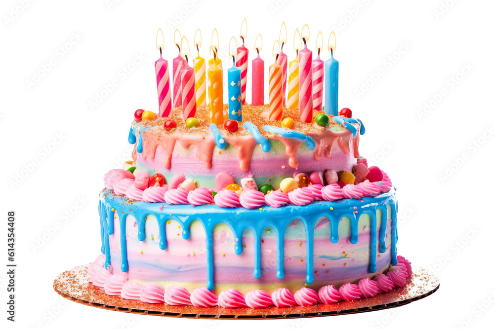 colorful birthday cake with candles. isolated on white background PNG