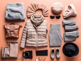  women's warm winter clothing and accessories arranged in a flat lay style. Created Generative AI.