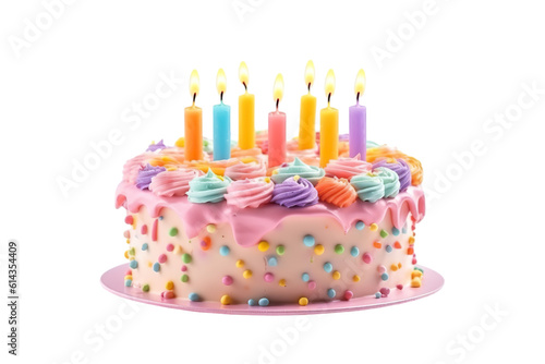 colorful birthday cake with candles. isolated on white background PNG