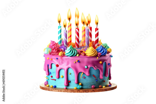 colorful birthday cake with candles. isolated on white background PNG photo