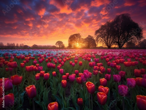 landscape of colorful tulip fields, sunlight shining on tulip fields, and a mountain at sunset in the background. Generative AI