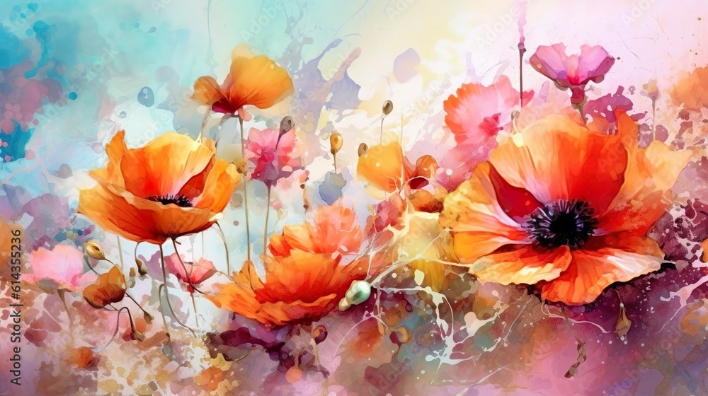 Abstract background with blooming flowers of poppy and buds with watercolor paints splash. Summer wallpaper with bouquet and drawing texture. Horizontal illustration for banner design. Generative AI.