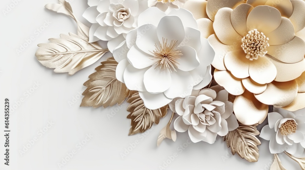 Abstract background of bouquet frame composition with white or gold flowers and metallic leaves. Wallpaper with papercut floral border. Horizontal illustration for banner design. Generative AI. Abstract background of bouquet frame composition with white or gold flowers and metallic leaves. Wallpaper with papercut floral border. Horizontal illustration for banner design. Generative AI.