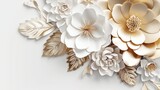Abstract background of bouquet frame composition with white or gold flowers and metallic leaves. Wallpaper with papercut floral border. Horizontal illustration for banner design. Generative AI.