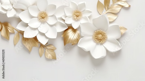 Abstract background with white flowers, gold details and leaves border template with copy space in paper art style.Spring botanical wallpaper. Horizontal illustration for banner design. Generative AI.