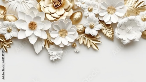 Abstract background of bridal border with white and golden paper flowers, metallic leaves and twigs. Botanical wallpaper with floral frame. Horizontal illustration for banner design. Generative AI.