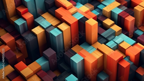 Abstract background with colorful wooden blocks geometric texture. Architectural wallpaper with composition of orange and blue rectangles. Horizontal illustration for banner design. Generative AI. photo