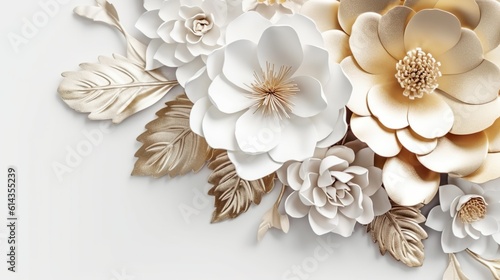 Abstract background of bouquet frame composition with white or gold flowers and metallic leaves. Wallpaper with papercut floral border. Horizontal illustration for banner design. Generative AI.