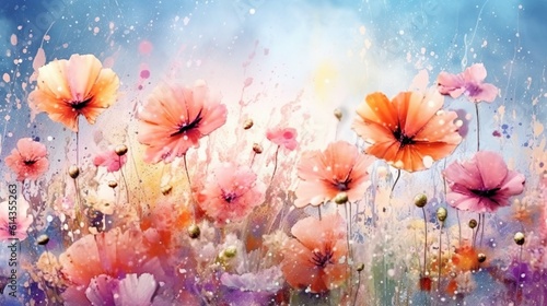 Fototapeta Naklejka Na Ścianę i Meble -  Abstract background with blooming meadow of red poppy with watercolor splashing and blots. Summer bouquet wallpaper with paints texture. Horizontal illustration for banner design. Generative AI.