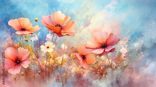 Fototapeta Naklejka Na Ścianę i Meble -  Abstract background with gentle poppy flowers with watercolor splashing blots on blue backdrop. Summer meadow wallpaper with paints texture. Horizontal illustration for banner design. Generative AI.