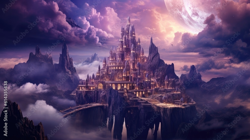 Naklejka premium A big fantasy castle in the mountain, a hill and a sunset in the background, inspire the idea of a large fort among mountains. Generative AI