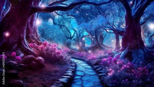 Fabulous neon forest with a beautiful path and big mushrooms, fantasy, children's dreams