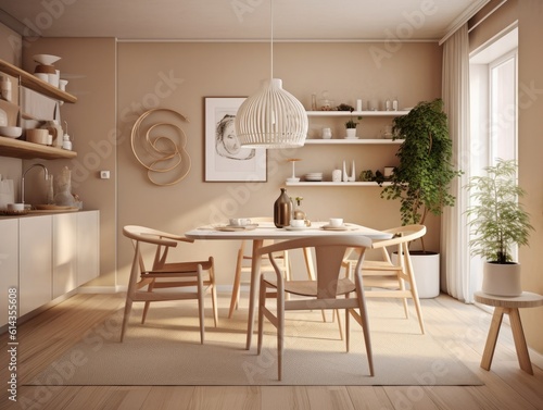 Dining room in wooden style with a table and chairs and hanging lights. white and beige tones in the room. Generative AI