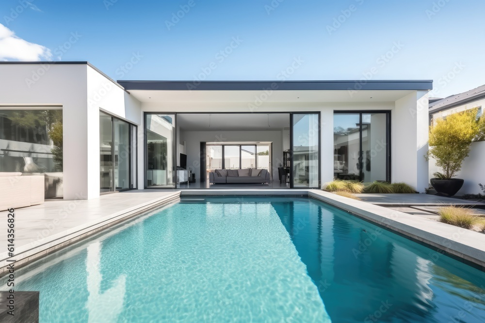 External view of a contemporary house with pool at dusk 3D rendering