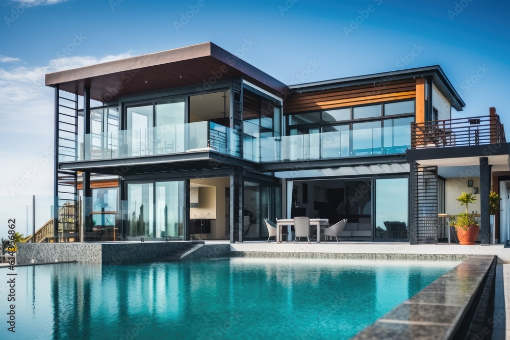External view of a contemporary house with pool at dusk 3D rendering