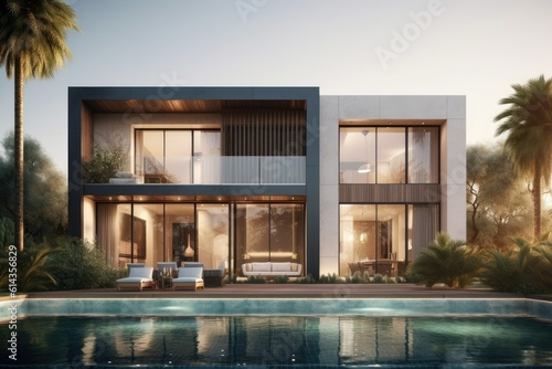 External view of a contemporary house with pool at dusk 3D rendering