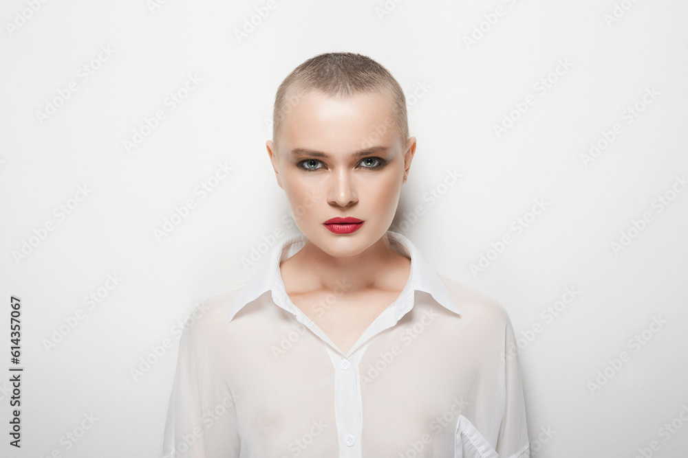 pretty young woman with short haircut. beautiful bald woman pretty young woman with short haircut. beautiful bald woman