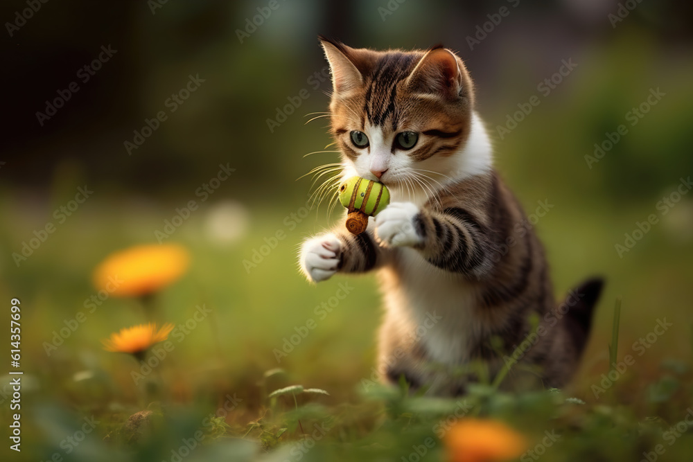 A kitten catches toy with its paw. Cat hunting, games.