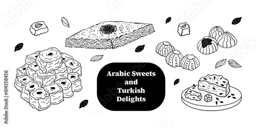 Set of hand drawn doodle traditional arabic and turkish desserts. Halva, Turkish delight, Maamoul, baklava. Isolated on white background.