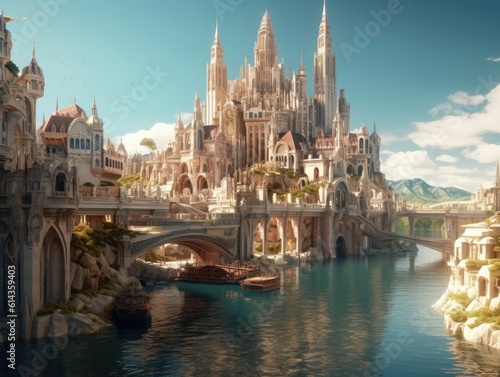 A fairy tale fantasy town is in the middle of water a bridge connects the city, and sunlight shines on the city. Generative AI © itchaznong