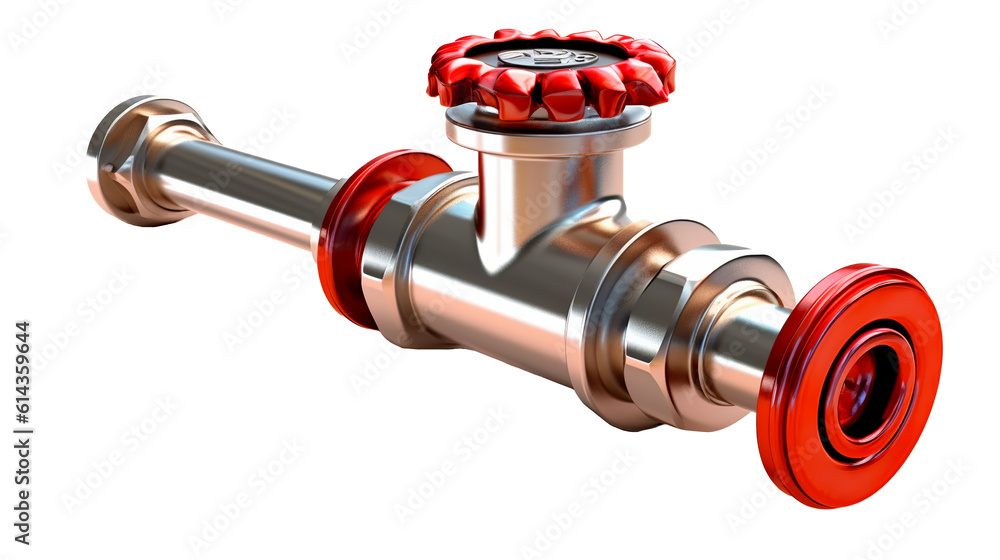 Metal pipe with red valve. Isolated on transparency background. Generative Ai. Metal pipe with red valve. Isolated on transparency background. Generative Ai.