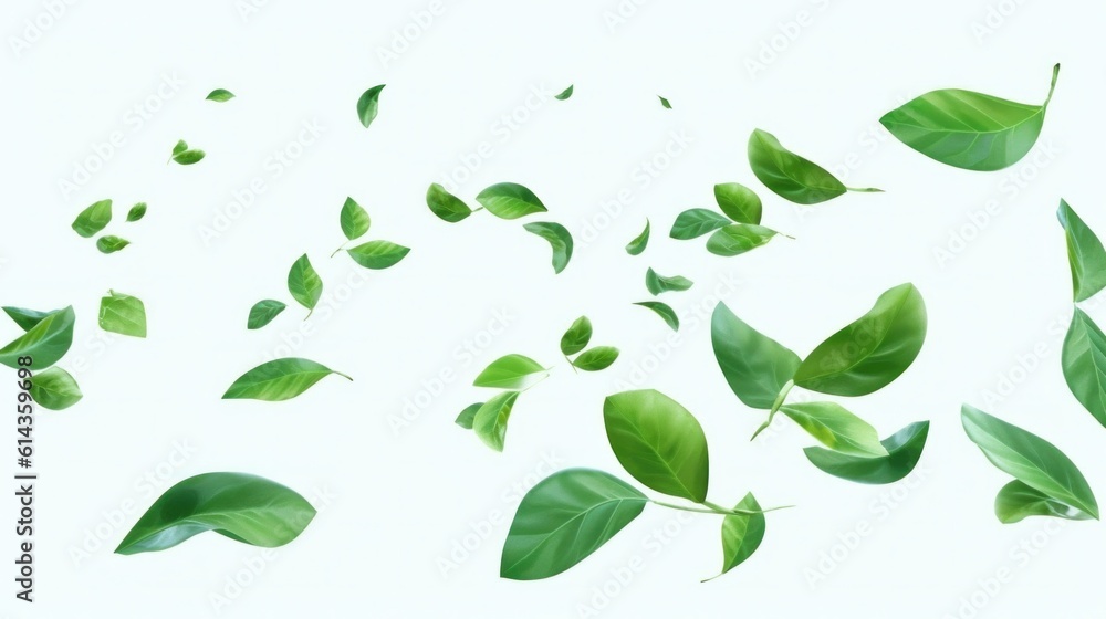 Green leaves flying in the air isolated on background. Green leaves flying in the air isolated on background.