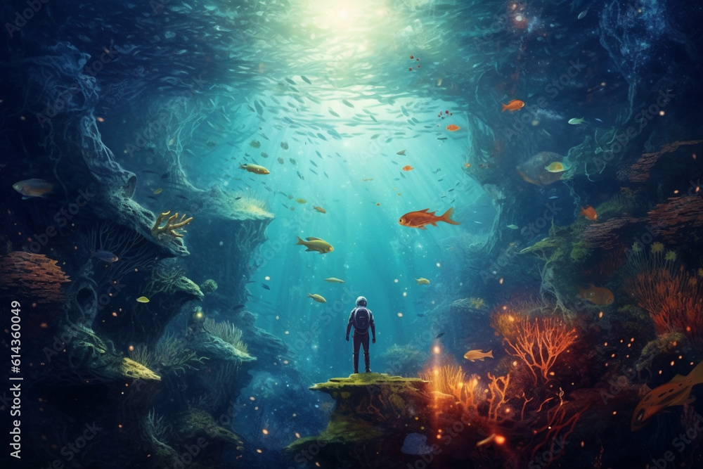 Experience the awe-inspiring sight of a man standing amidst a captivating fantasy world beneath the waves, filled with magical wonders and surreal beauty