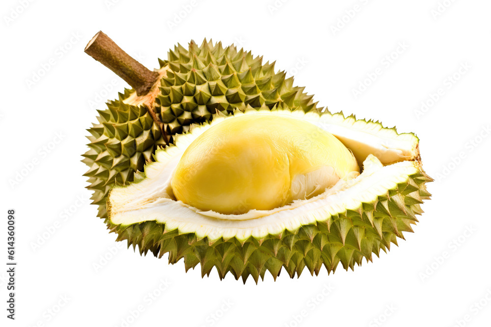 Obraz premium Durian fruit cut in half and leaves isolated on white background PNG