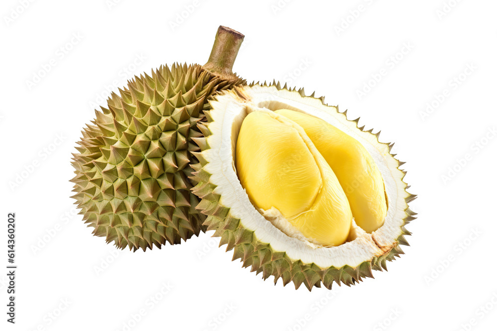 Obraz premium Durian fruit cut in half and leaves isolated on white background PNG