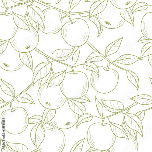 Line art apple vector pattern, seamless repeating tile with white background, delicate line art illustration