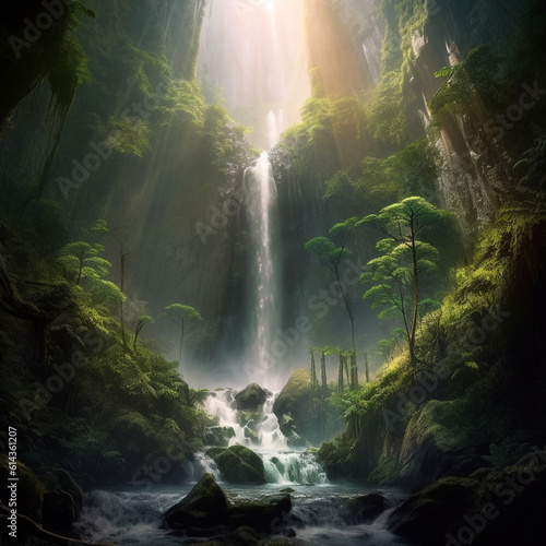 Majestic waterfall surrounded by lush greenery and mist, with sunlight peeking through the trees. 