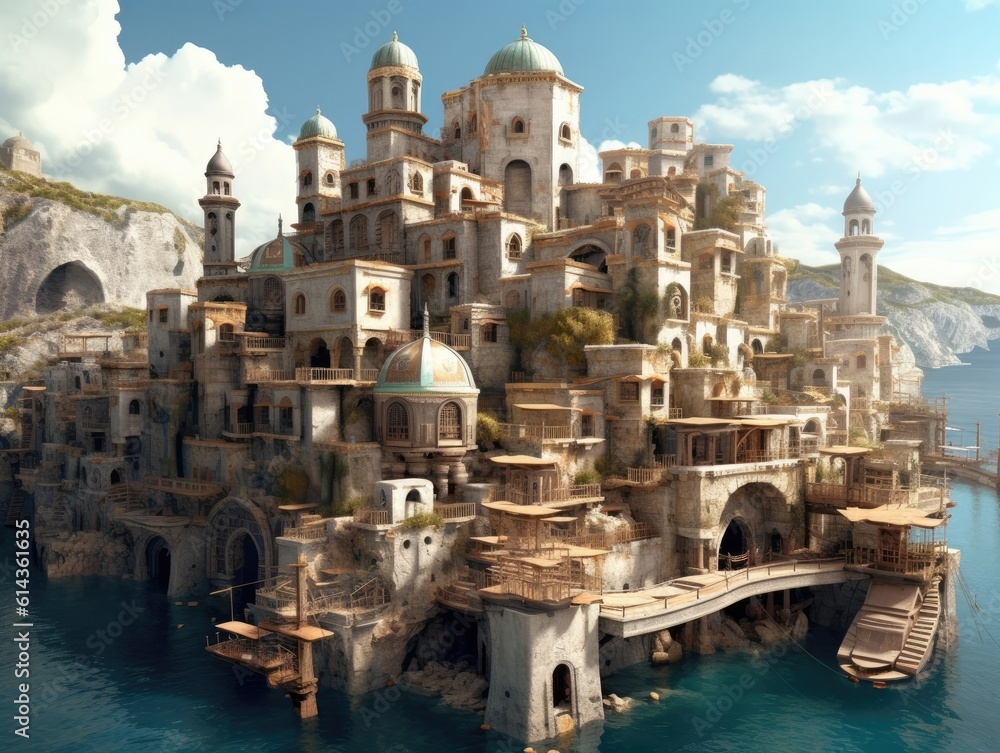 A fairy tale fantasy town is in the middle of water a harbor beside the city, and sunlight shines on the city. Generative AI
