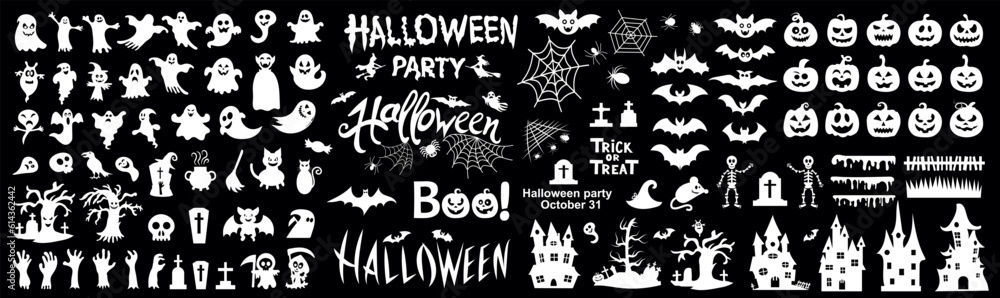 Big set of silhouettes of Halloween on a black background. Vector illustration