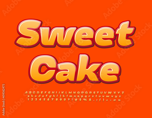 Vector delicious sign Sweet Cake. Bright glossy Font. Orange set of Alphabet Letters, Numbers and Symbols
