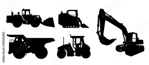 Set of building mechine bulldozer loader vector silhouette isolated.