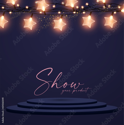 Product display with light garlands. Podium. Empty scene with light effect.