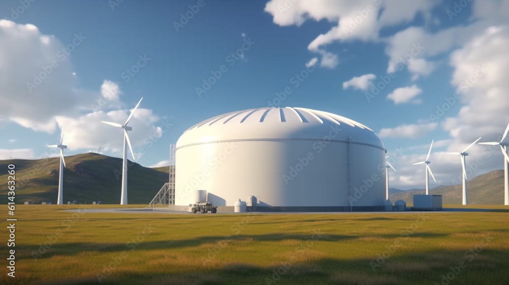 Hydrogen energy storage gas tank for clean electricity solar and wind turbine facility generative ai