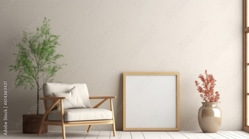 Fototapeta premium Interior poster mockup with vertical wooden frame in home interior background generative ai