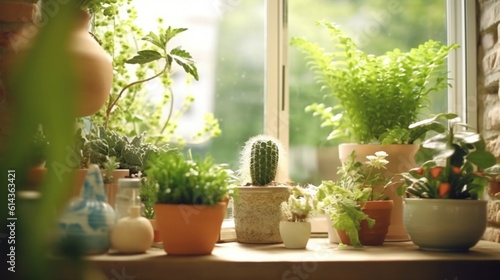 Indoor garden on the windowsill. Home gardening concept. Green home houseplants in real room interior generative ai