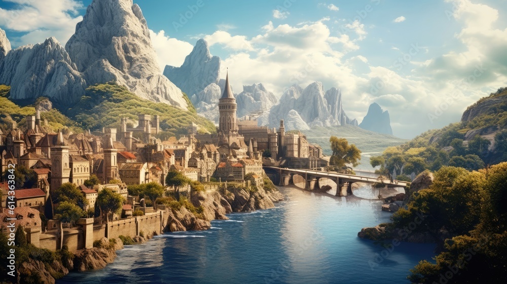 Fototapeta premium The fantasy city is located by the river a forest and mountain behind the city, and sunlight shines on the city. Generative AI